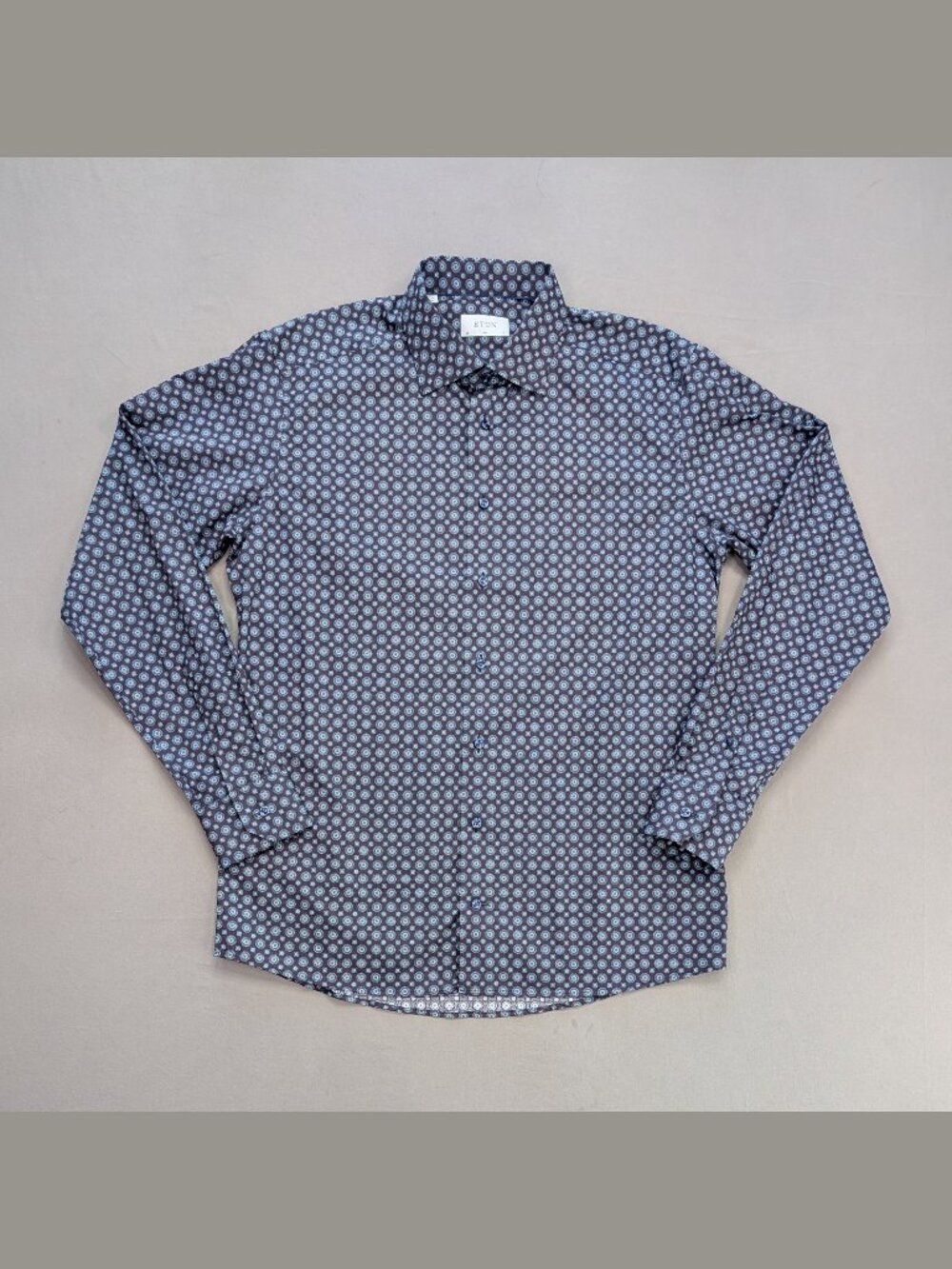 Eton Slim Fit Blue Medallion Geometric Dress Shirt 17 Luxury Cotton EU